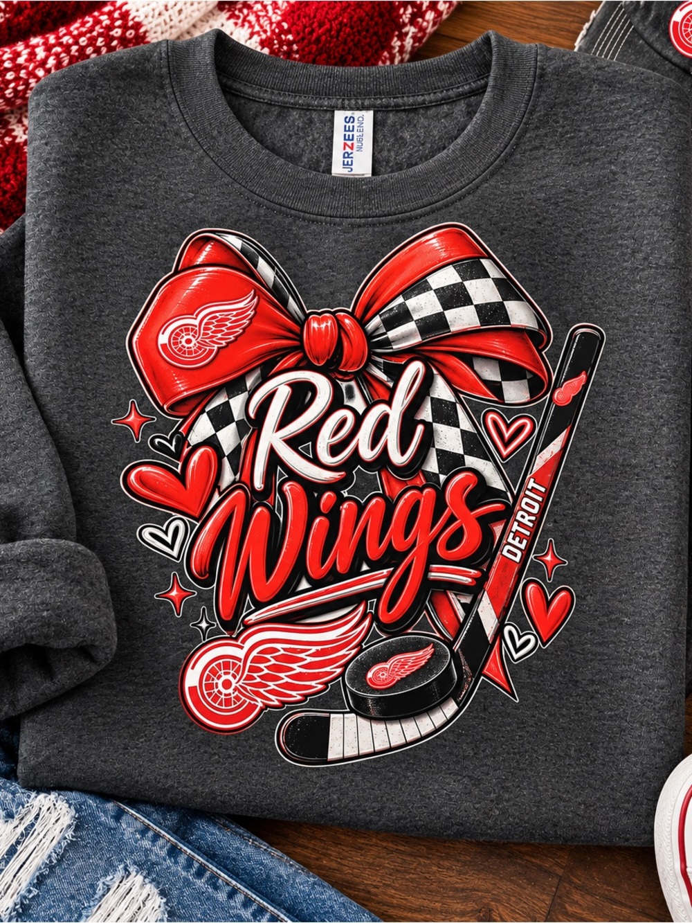 Jerzees Dark Gray Sweatshirt with Red Detroit Wings Graphic
